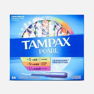 Tampax Pearl Tampons Trio Pack with BPA-Free Plastic Applicator and LeakGuard Braid, Unscented, 34 ct.