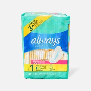 Always Ultra Thin Pads Regular Absorbency Unscented with Wings, Size 1, 46 ct.
